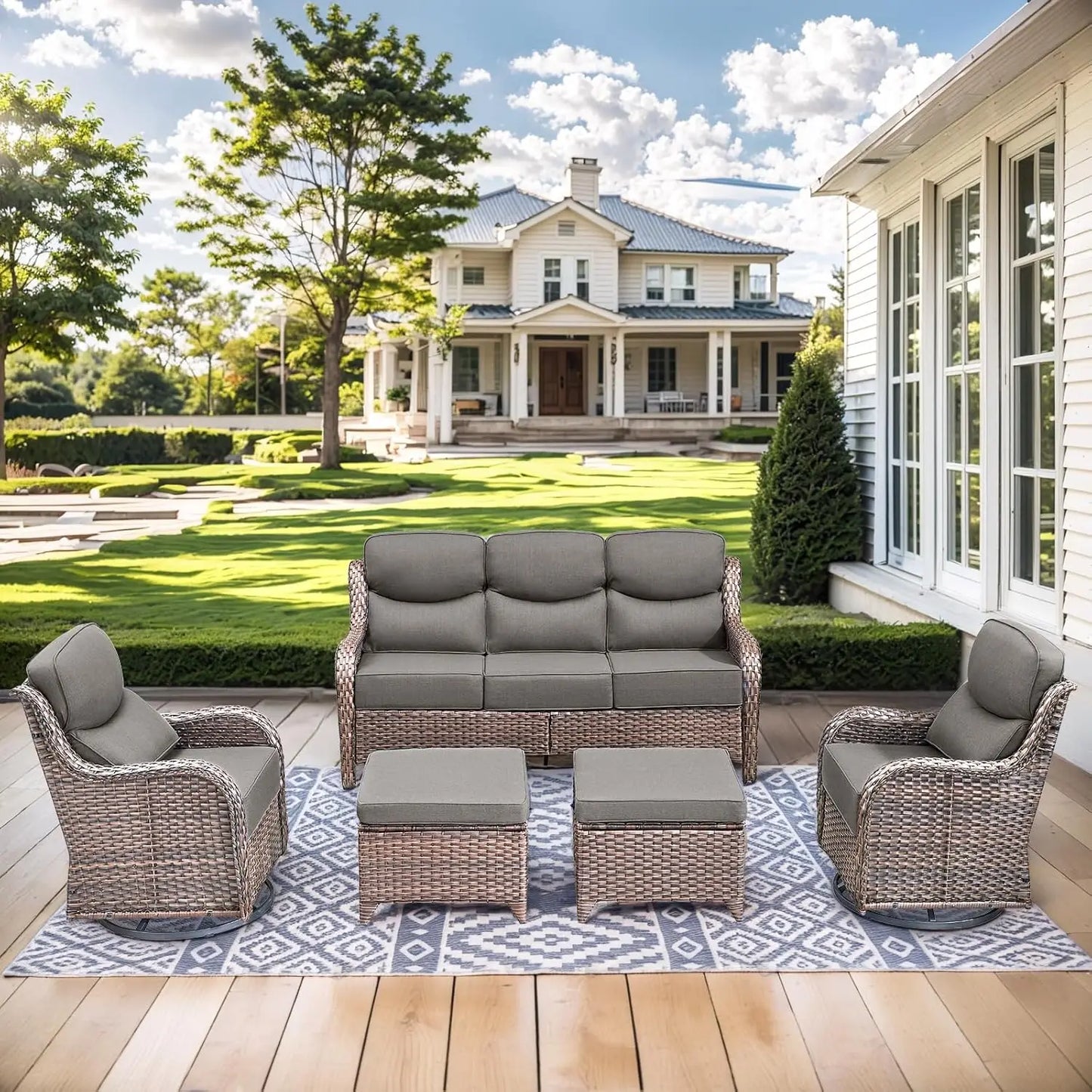 Wicker Outdoor Patio Furniture Set With Deep Seat Swivel Chairs
