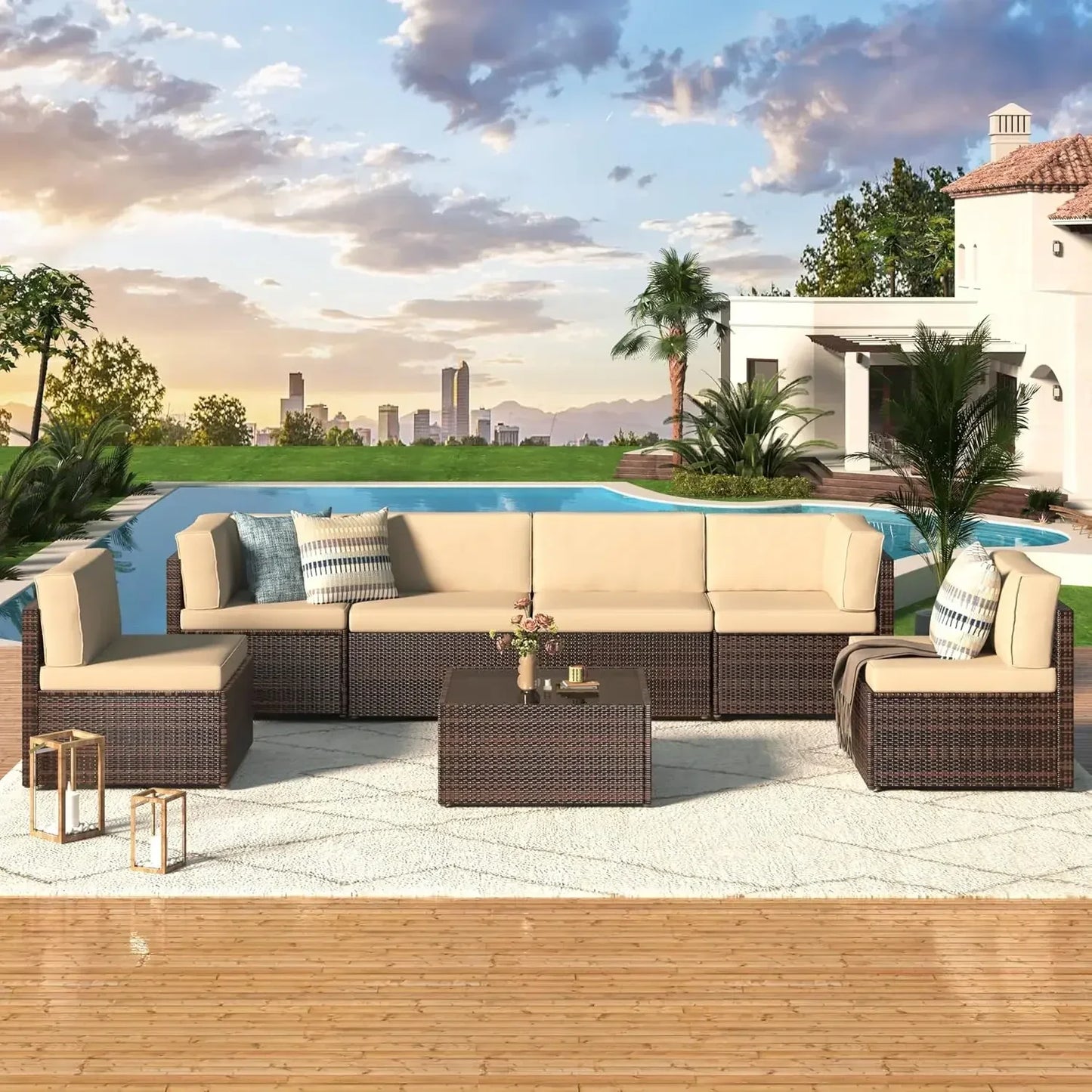 Outdoor PE Rattan Wicker Sectional Patio Furniture Set With Cushions