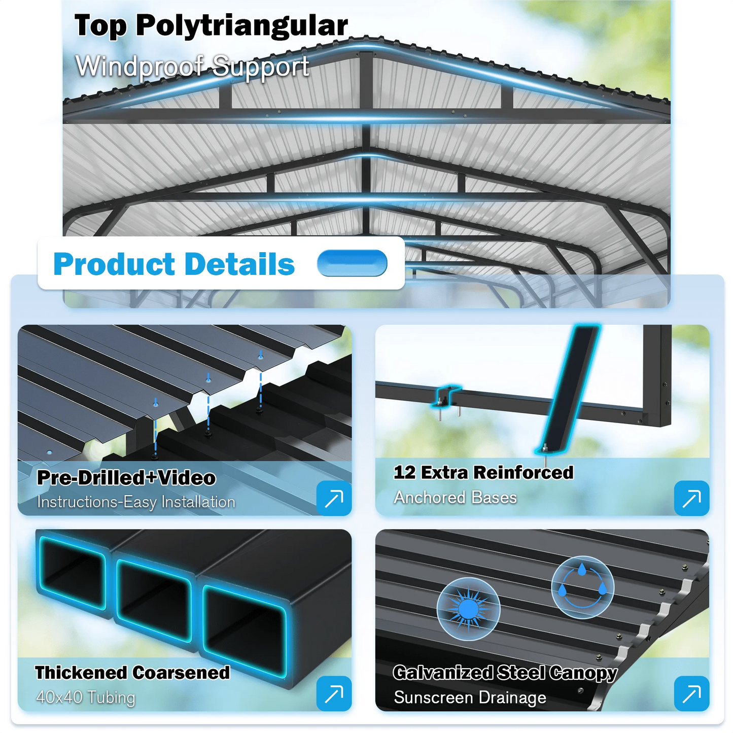 Polar Aurora Heavy-Duty Galvanized Metal Carport Shelter Reinforced Base