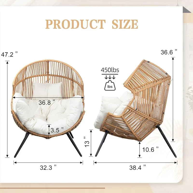 Outdoor Wicker Egg Chair PE Rattan Chair with Cushion, Oversized Patio Lounge Chair for Outdoor, Indoor, Balcony, Back
