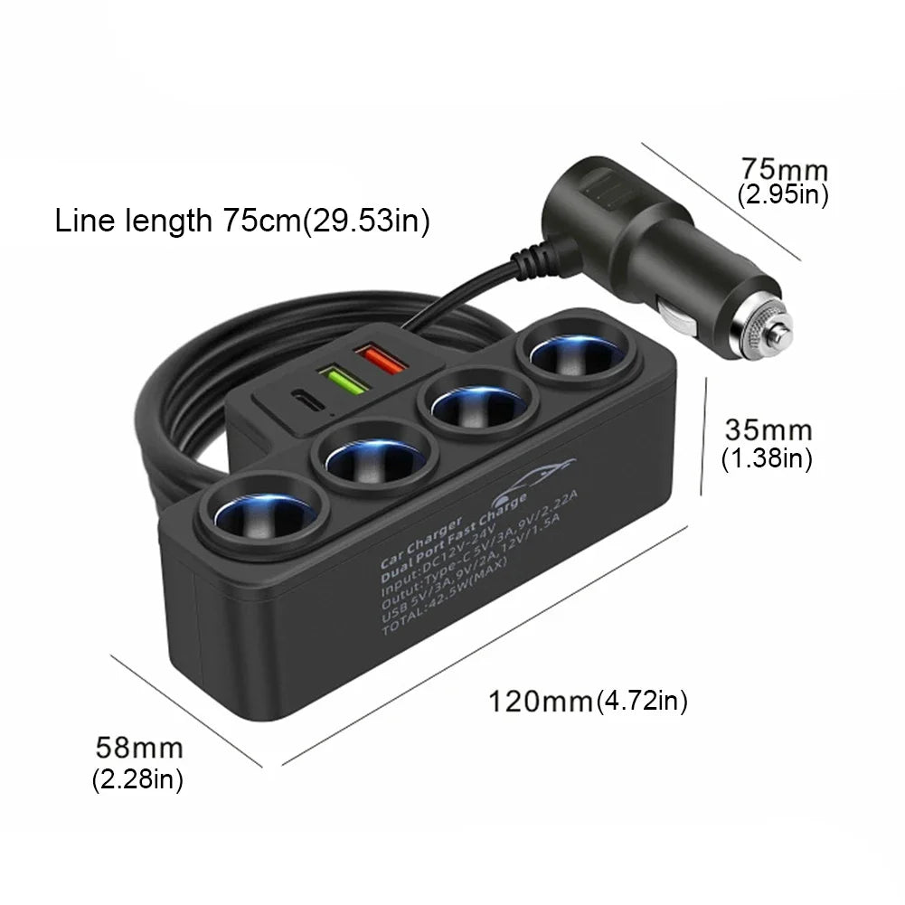 Shunmaii Car USB Charger Splitter 4-Port QC3.0 PD Fast Charge