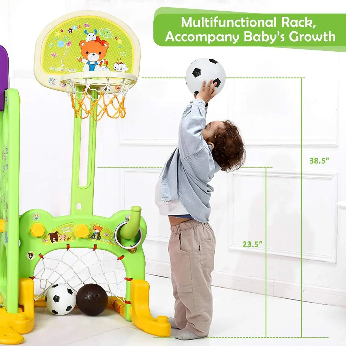 Six-in-One Kids Climber Slide Swing Set With Basketball Hoop