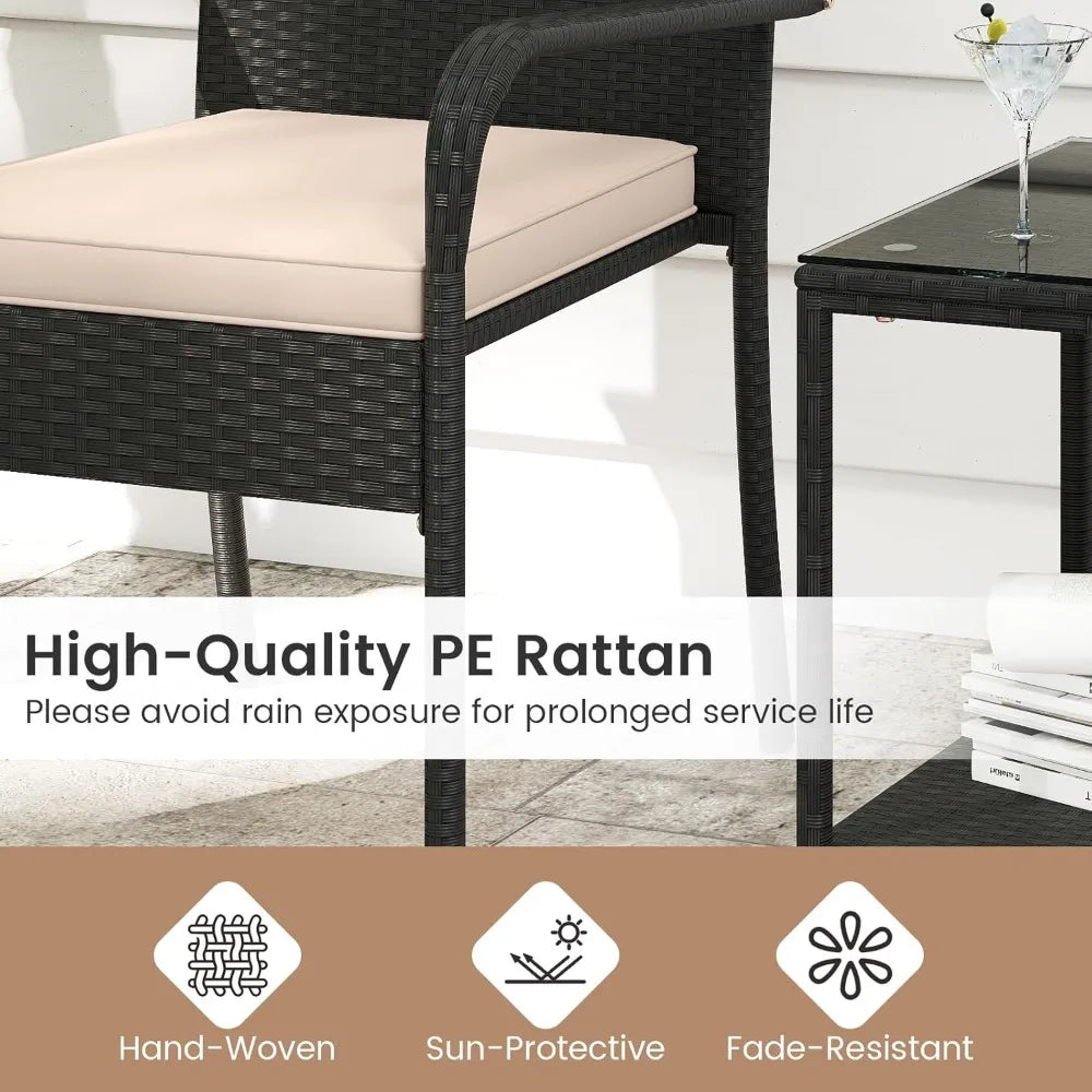 Three Piece Patio Rattan Conversation Set With Glass Table