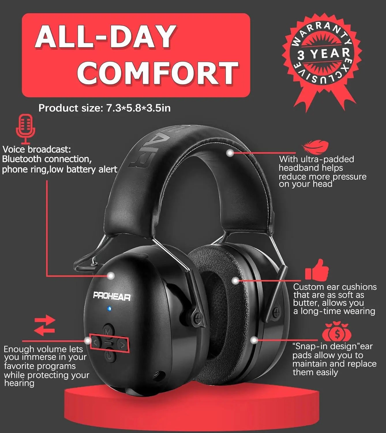 PROHEAR Bluetooth 5.3 Earphones With 30dB SNR Hearing Protection