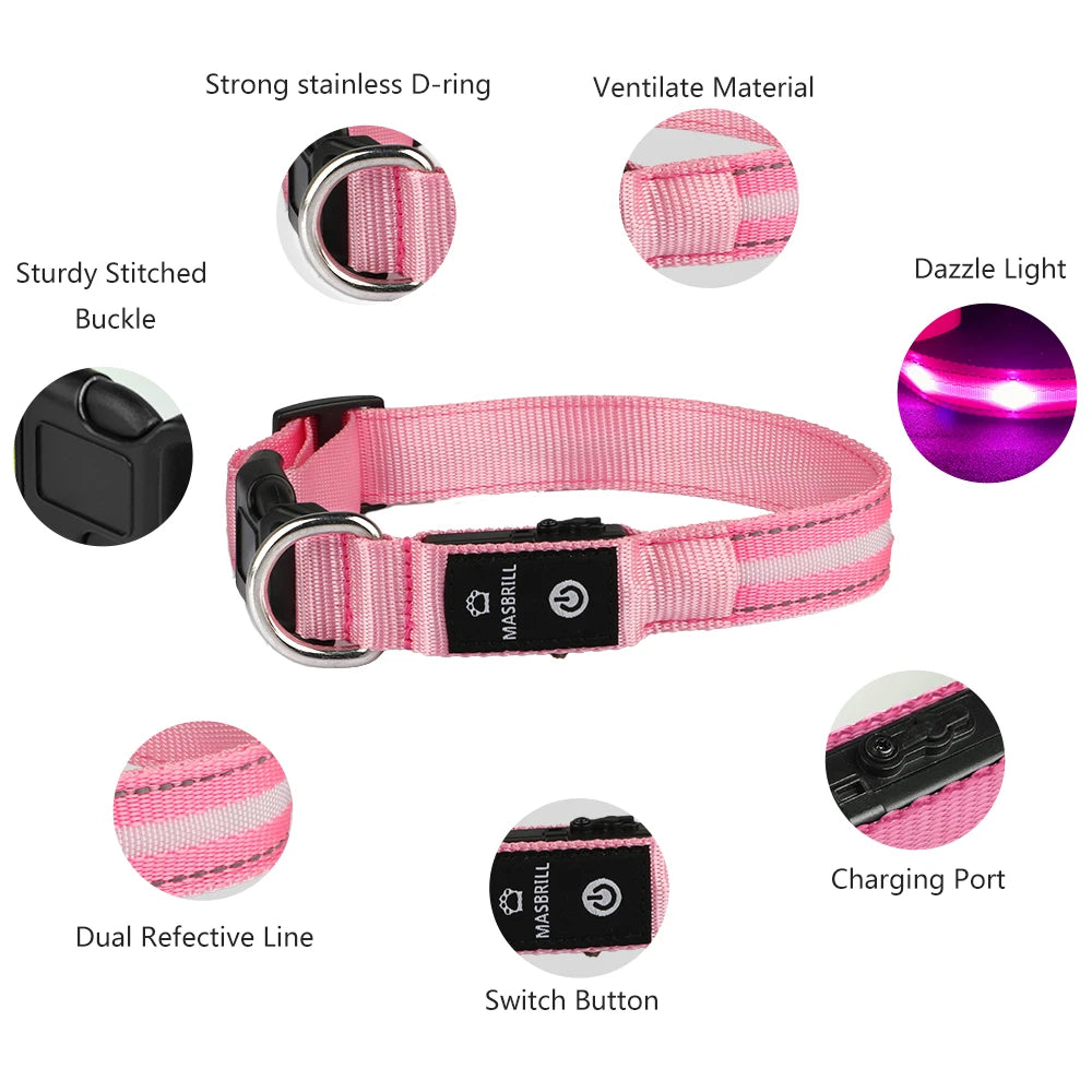 MASBRILL Light Up Dog Collar Waterproof USB Rechargeable Night Safety