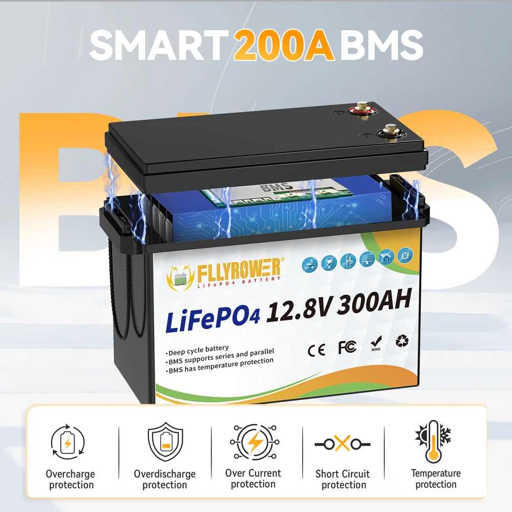 FLLYROWER 12V 300Ah LiFePO4 Battery Pack With 200A BMS For Off Grid RV Boat
