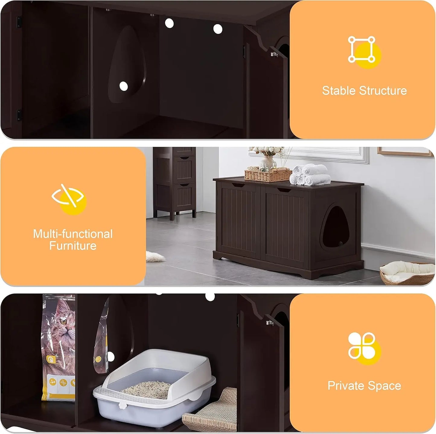 Hidden Cat Litter Box Enclosure, Wooden Pet Cabinet with Divider for Indoor Kitty Washroom Storage Bench in Espresso