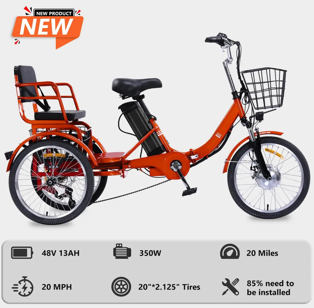 Folding 48V 13Ah Electric Tricycle for Adults With Passenger Seat