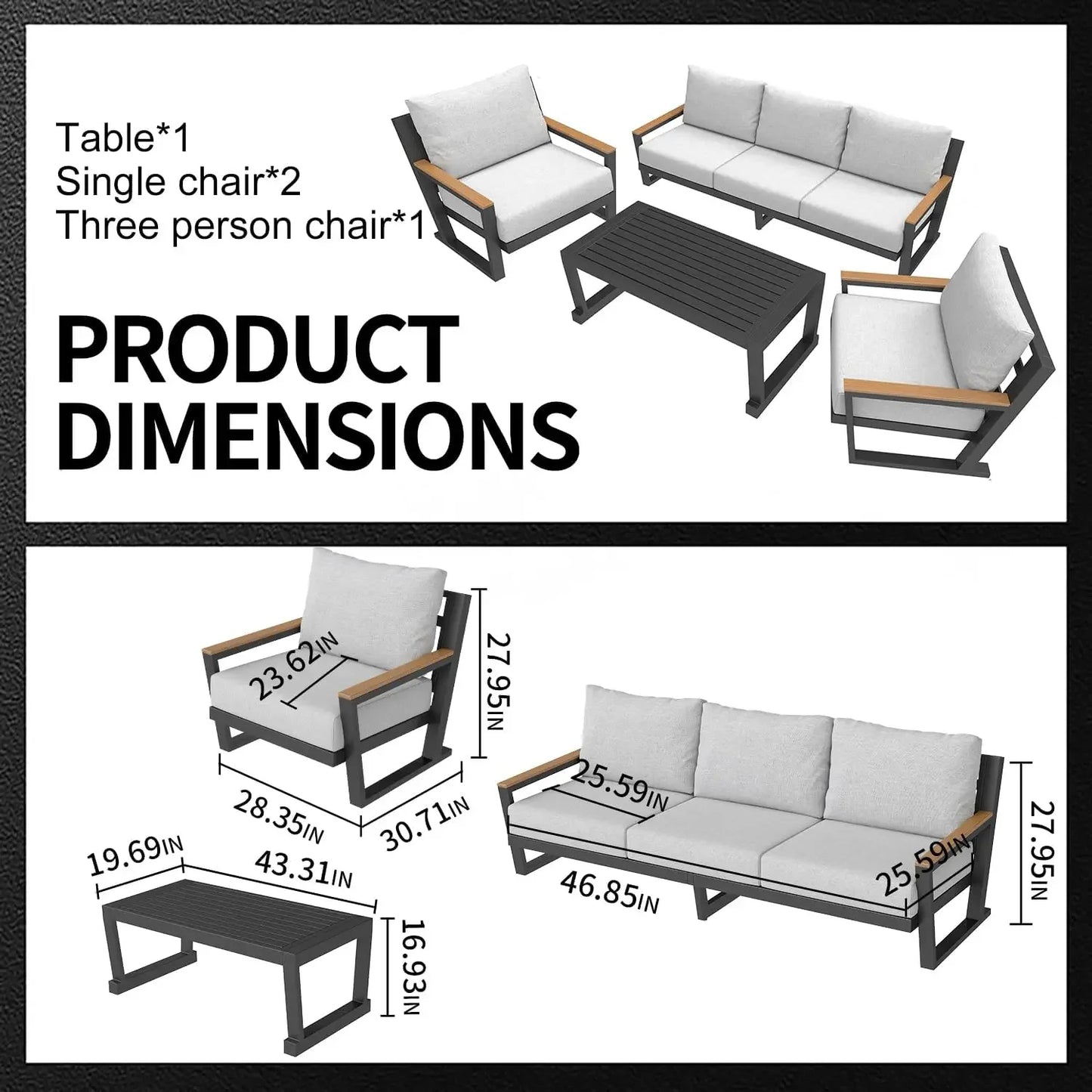 XMSJ Aluminum Outdoor Patio Sectional Sofa Set With Coffee Table