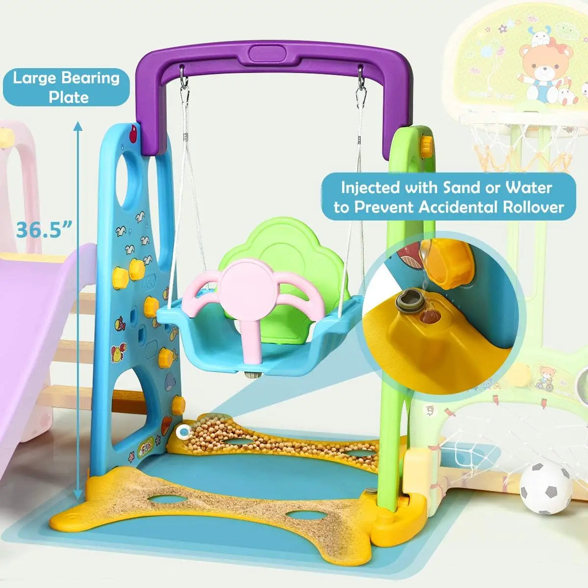 Six-in-One Kids Climber Slide Swing Set With Basketball Hoop
