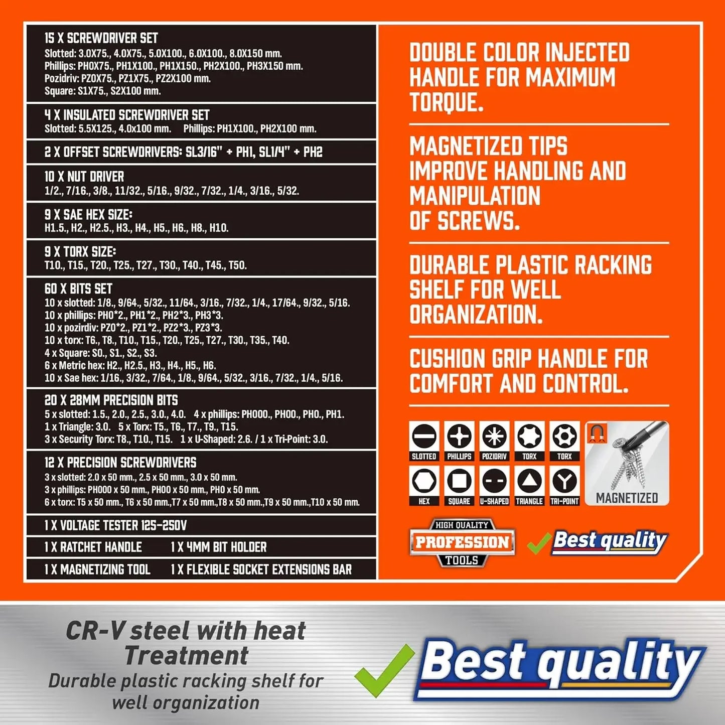 Magnetic Screwdriver Set With Premium Chromium Vanadium Steel Tools