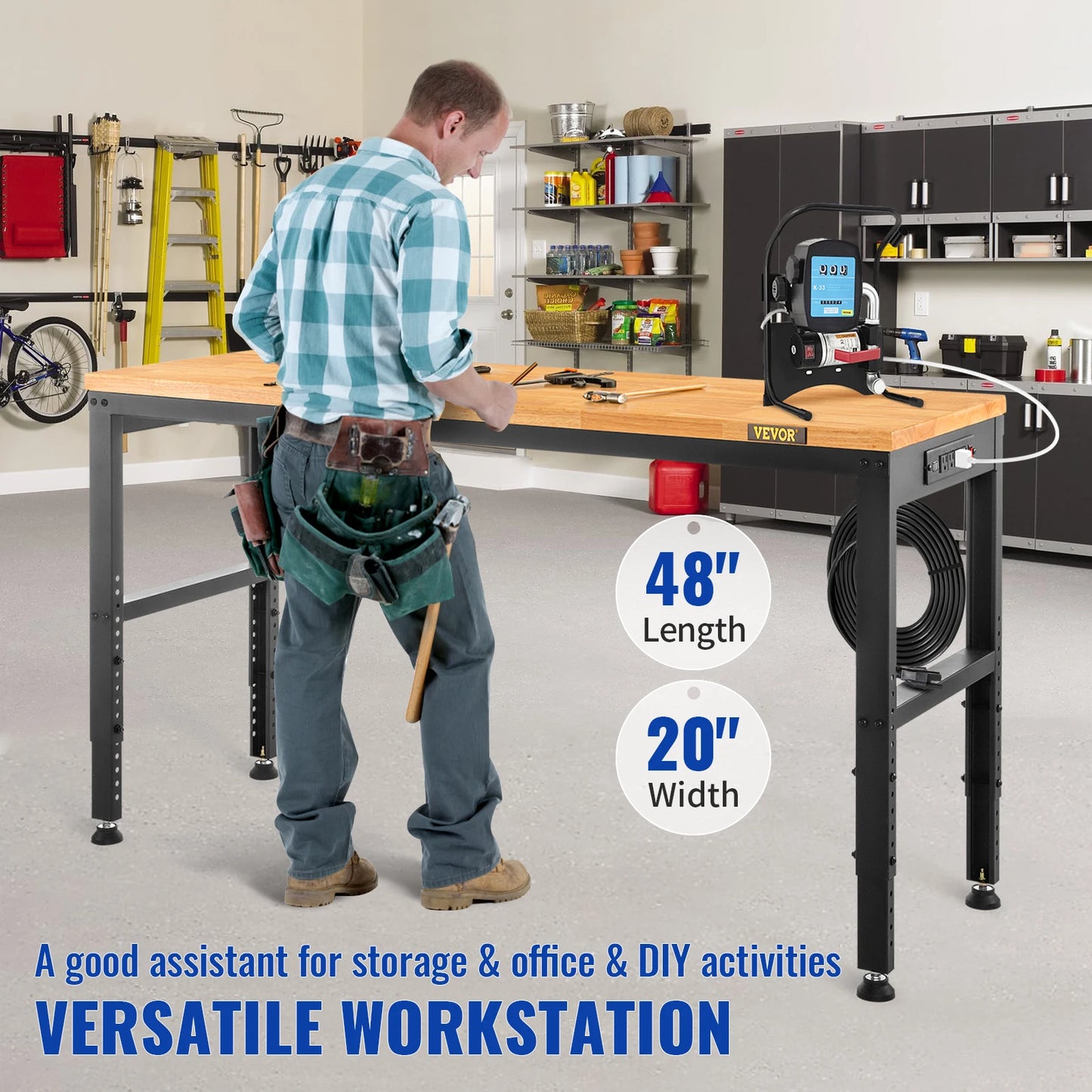 Heavy Duty Adjustable Height Woodworking Workbench With Oak Wood Top