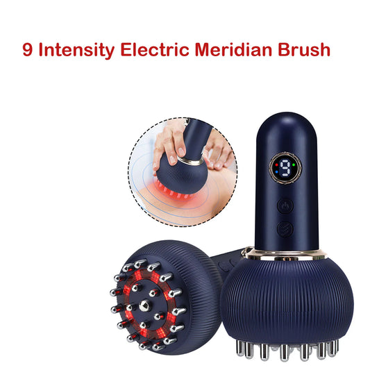 3-in-1 Meridian Brush Massager with Infrared Light Hot Compress 9-Level Vibration 21 Steel Brush Head Timer Home Office Travel