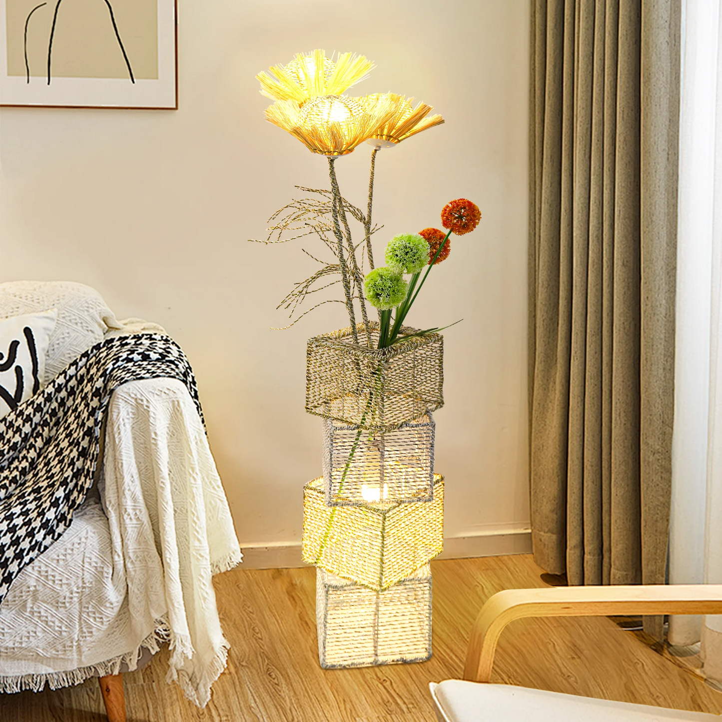 Rattan Floor Lamp Dimmable LED Standing Light For Living Room