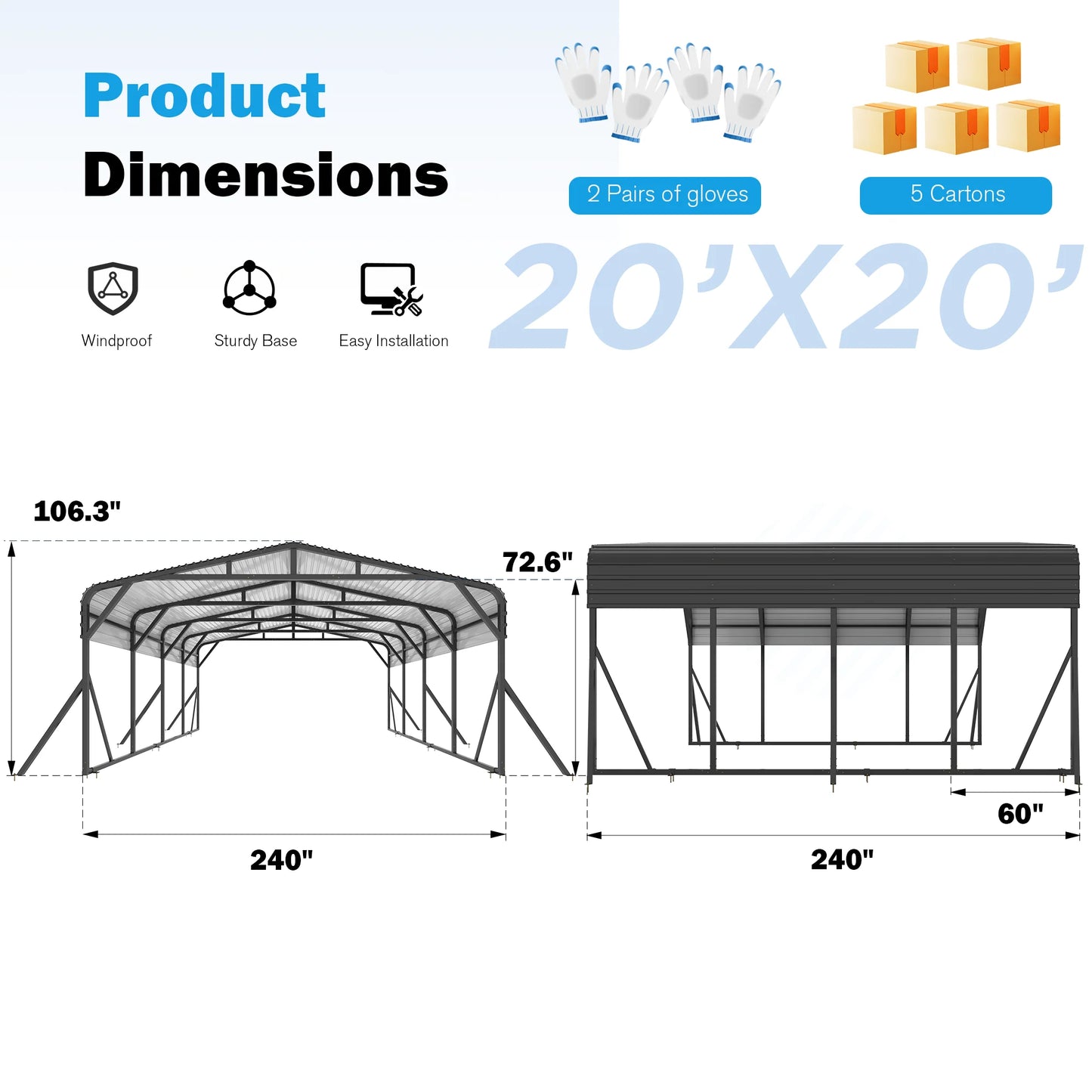Polar Aurora Heavy-Duty Galvanized Metal Carport Shelter Reinforced Base