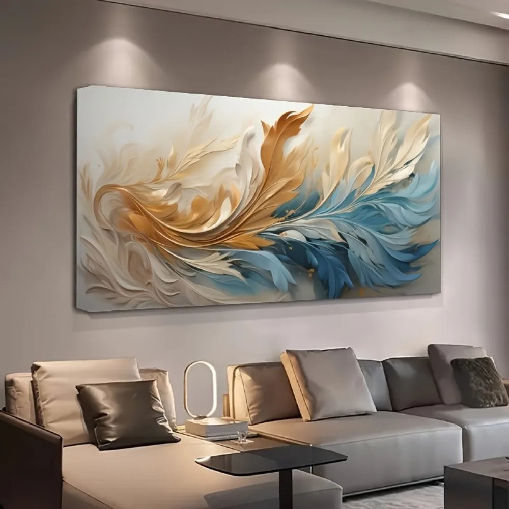 Modern Abstract Gold Feather Canvas Art With Pine Wood Frame