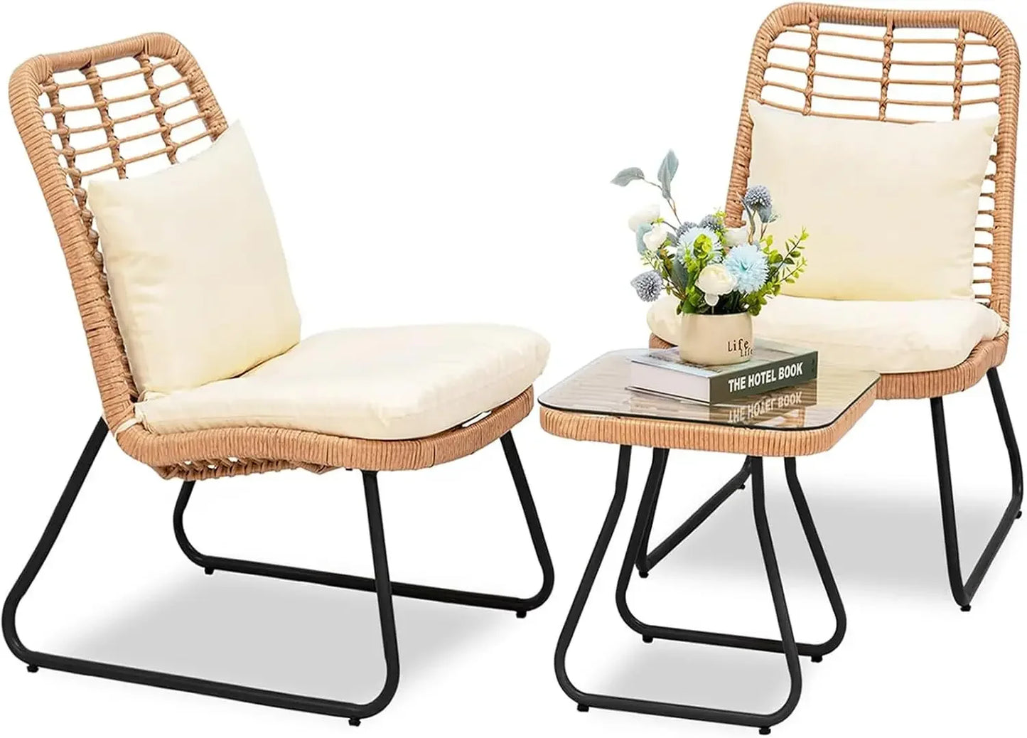 Outdoor Wicker Bistro Set With Glass Table And Two Chairs
