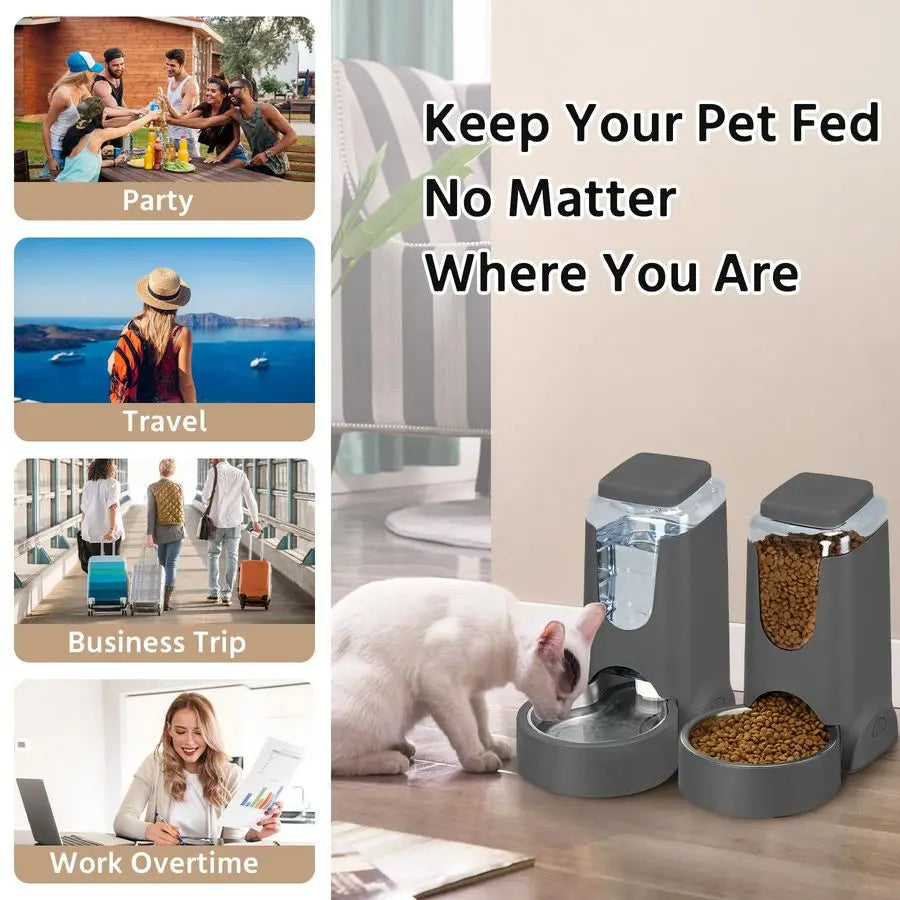 2 Pack Automatic Cat Feeder And Stainless Steel Water Dispenser
