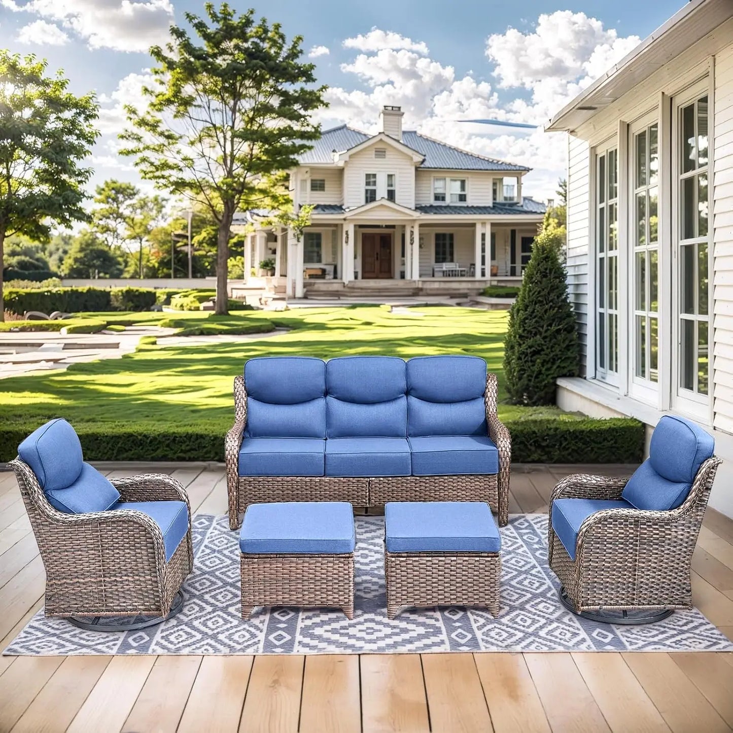 Wicker Outdoor Patio Furniture Set With Deep Seat Swivel Chairs