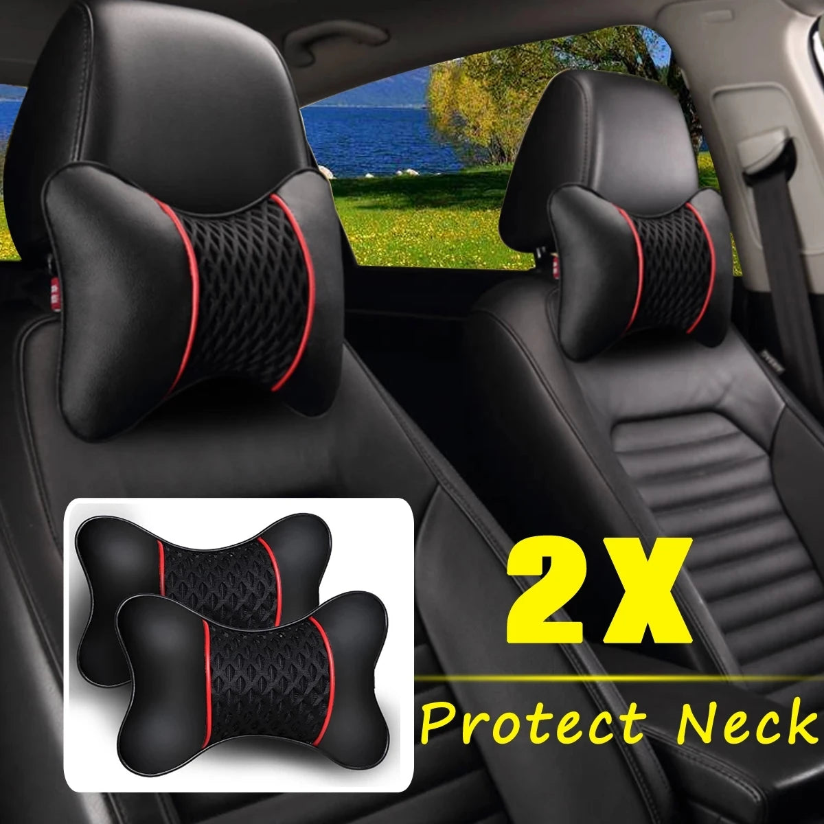 NONEF PU Leather Car Headrest Cushions 2 Pack Ergonomic Neck Support