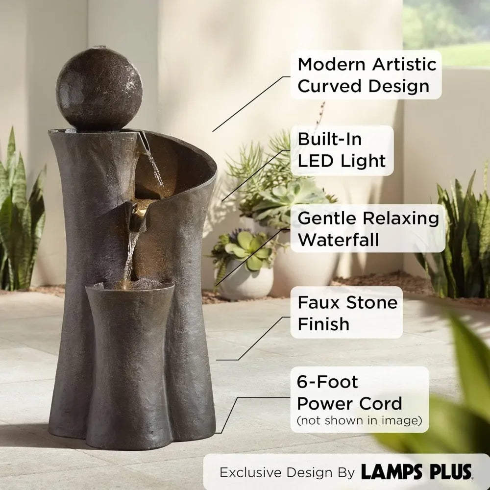 Modern Sphere Curve Zen Outdoor Floor Bubbler Water Fountain 39 1/2" High with LED Light Cascading for Garden Patio Yard Deck Ho