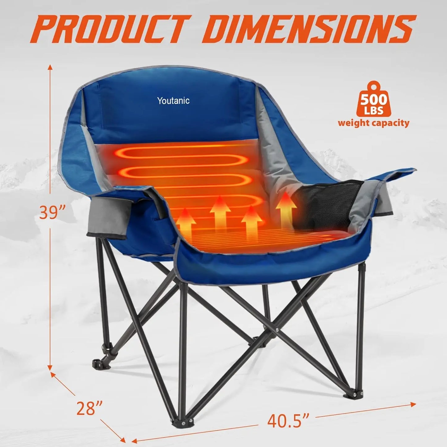 Heated Camping Chair with 3 Heat Levels, Oversized Padded Design, Side Pockets & Cup Holder for Outdoor Activities