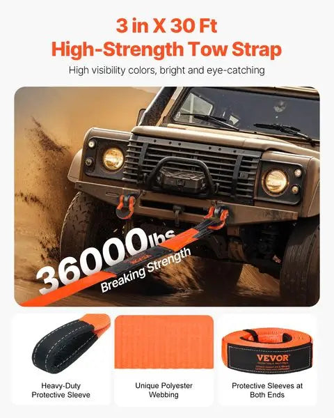 VEVOR Car Tow Cable Towing Strap Rope 36000 lbs 30ft 3-inch Emergency Heavy Duty