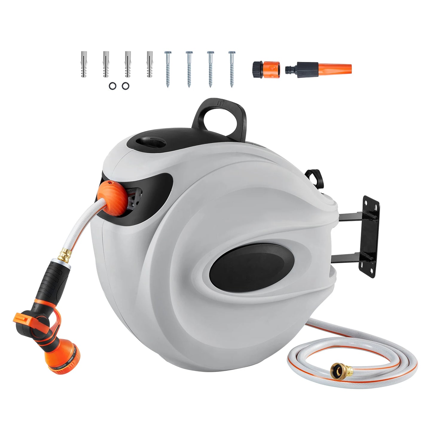 SucceBuy Retractable Hose Reel 180° Swivel Bracket Wall-Mounted Garden Water Hose Reel with 9-Pattern Nozzle Automatic Rewind