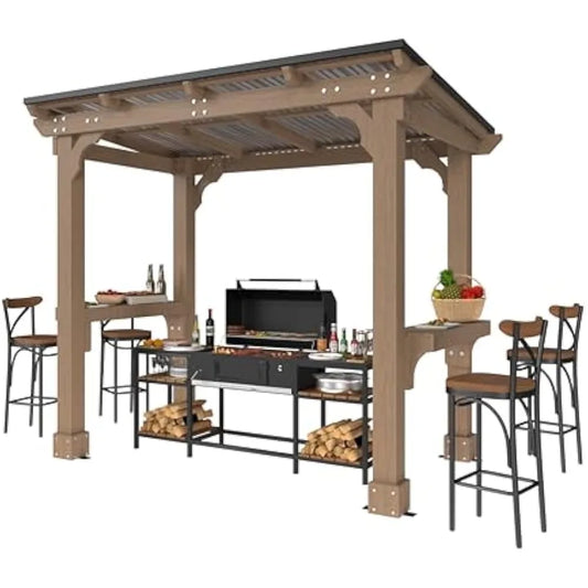 Wooden Grill Gazebo With Sloped Roof And Shelves