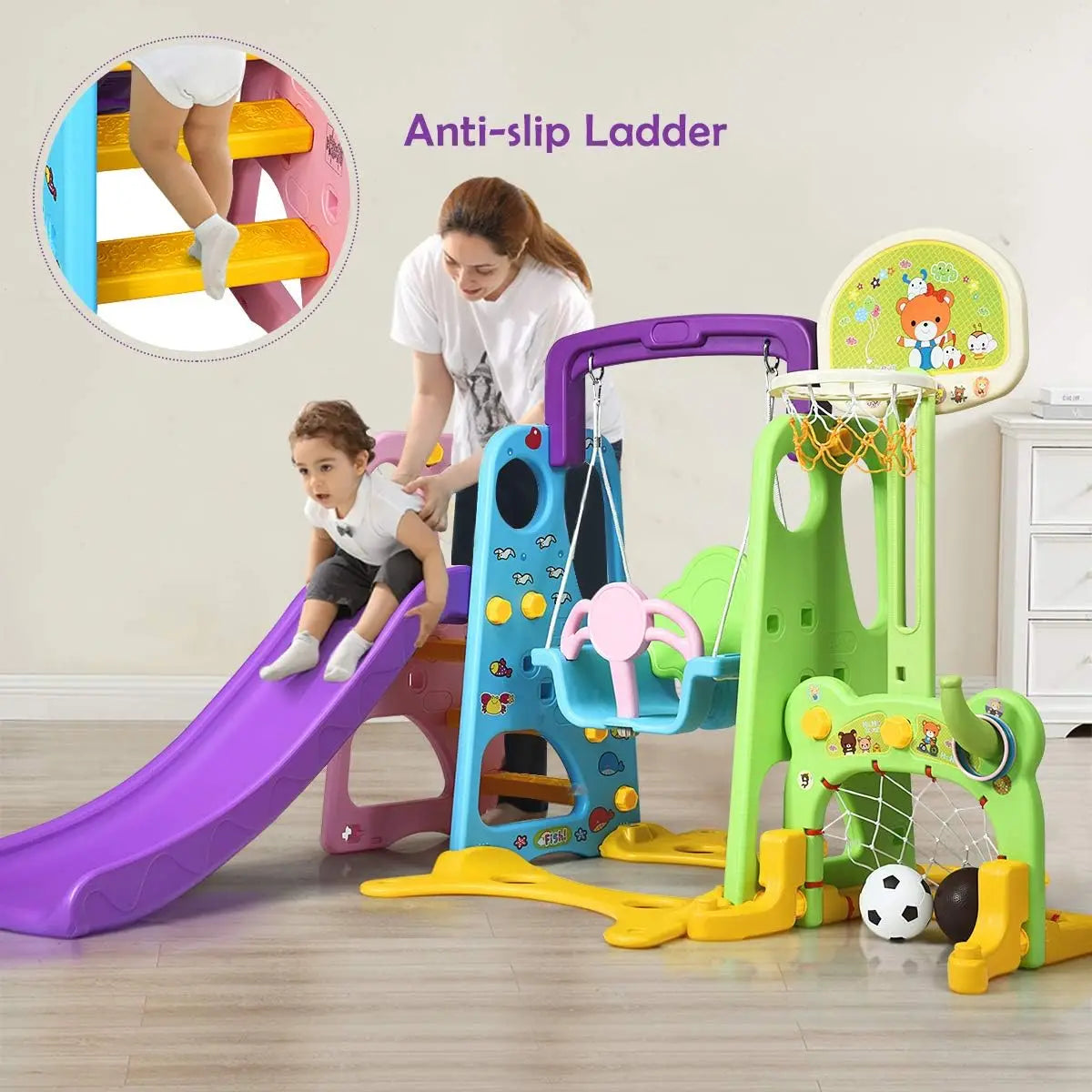 Six-in-One Kids Climber Slide Swing Set With Basketball Hoop