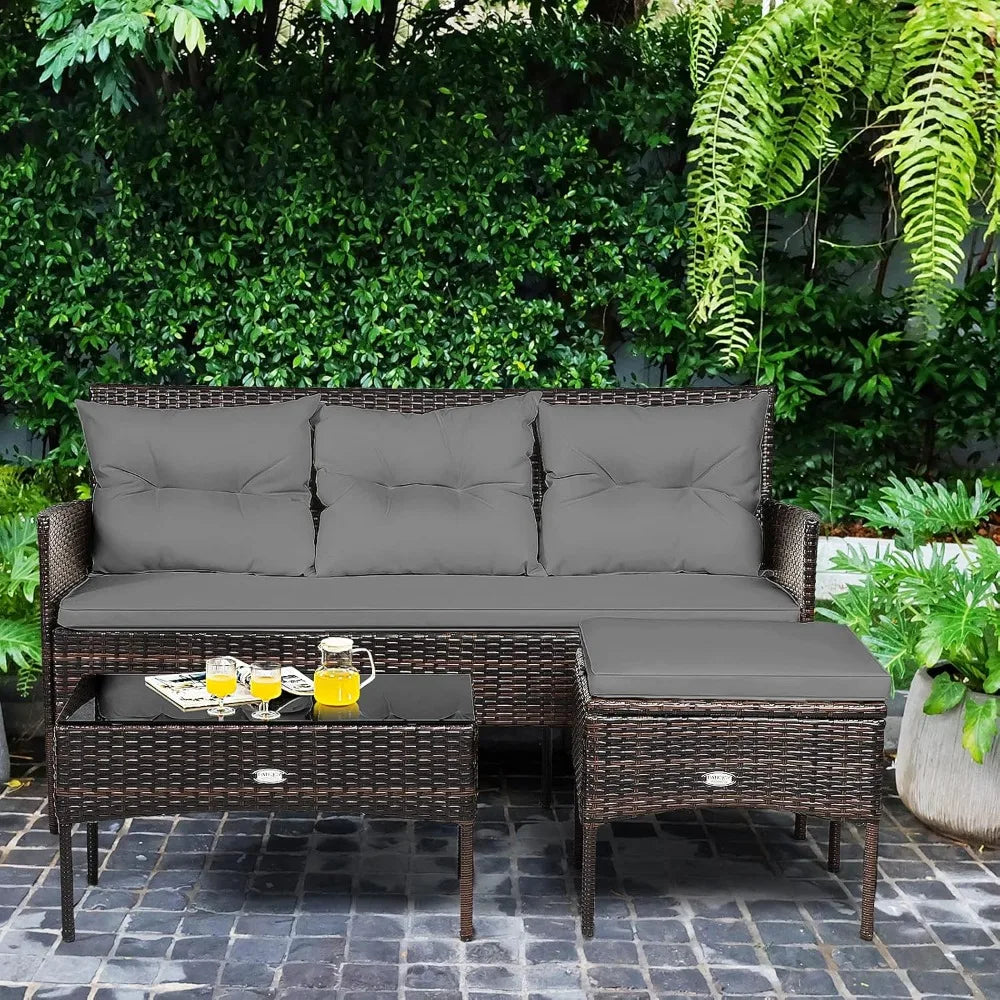 Outdoor Rattan Conversation Set With Tempered Glass Coffee Table