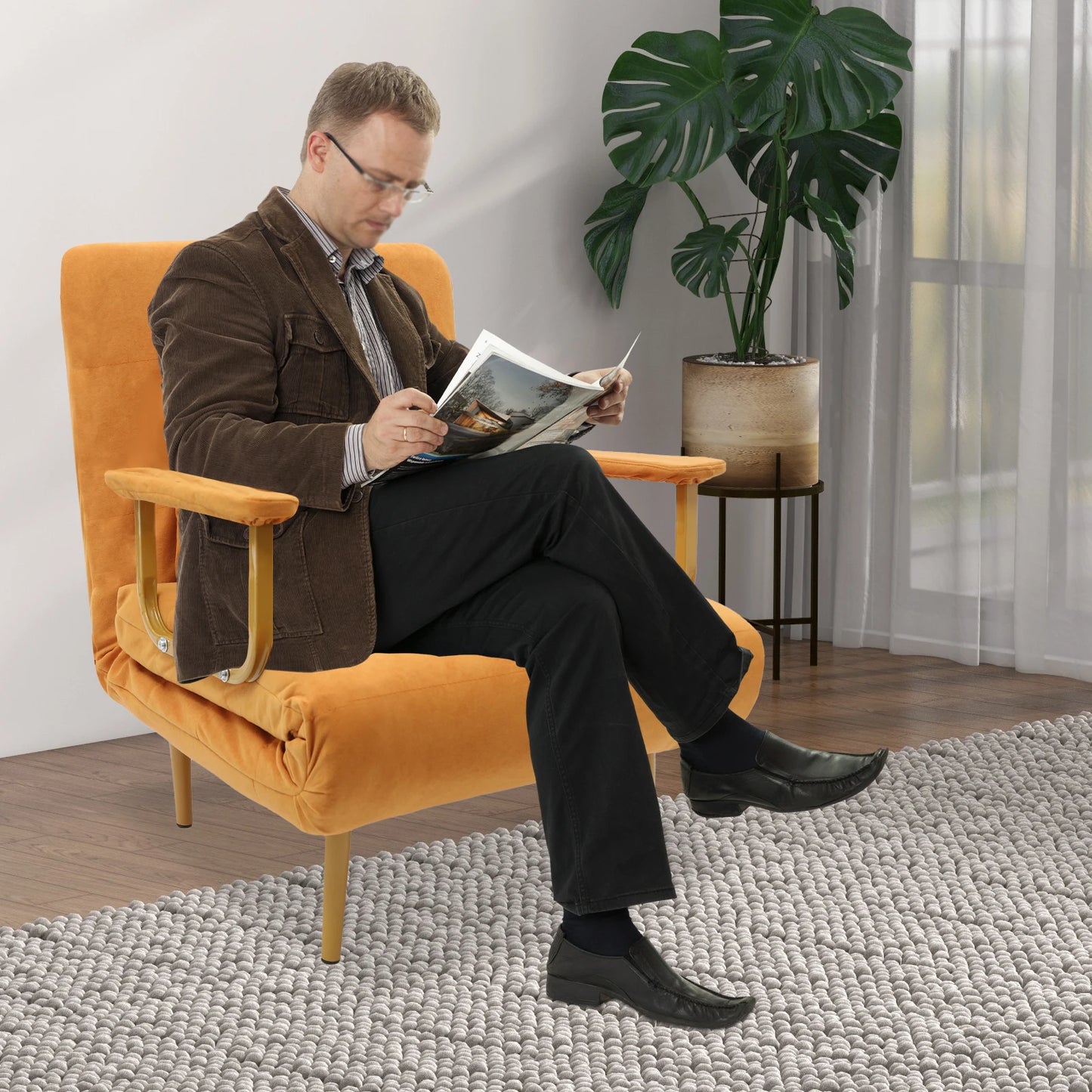 Convertible Sofa Bed With Five Position Backrest And Folding Chair
