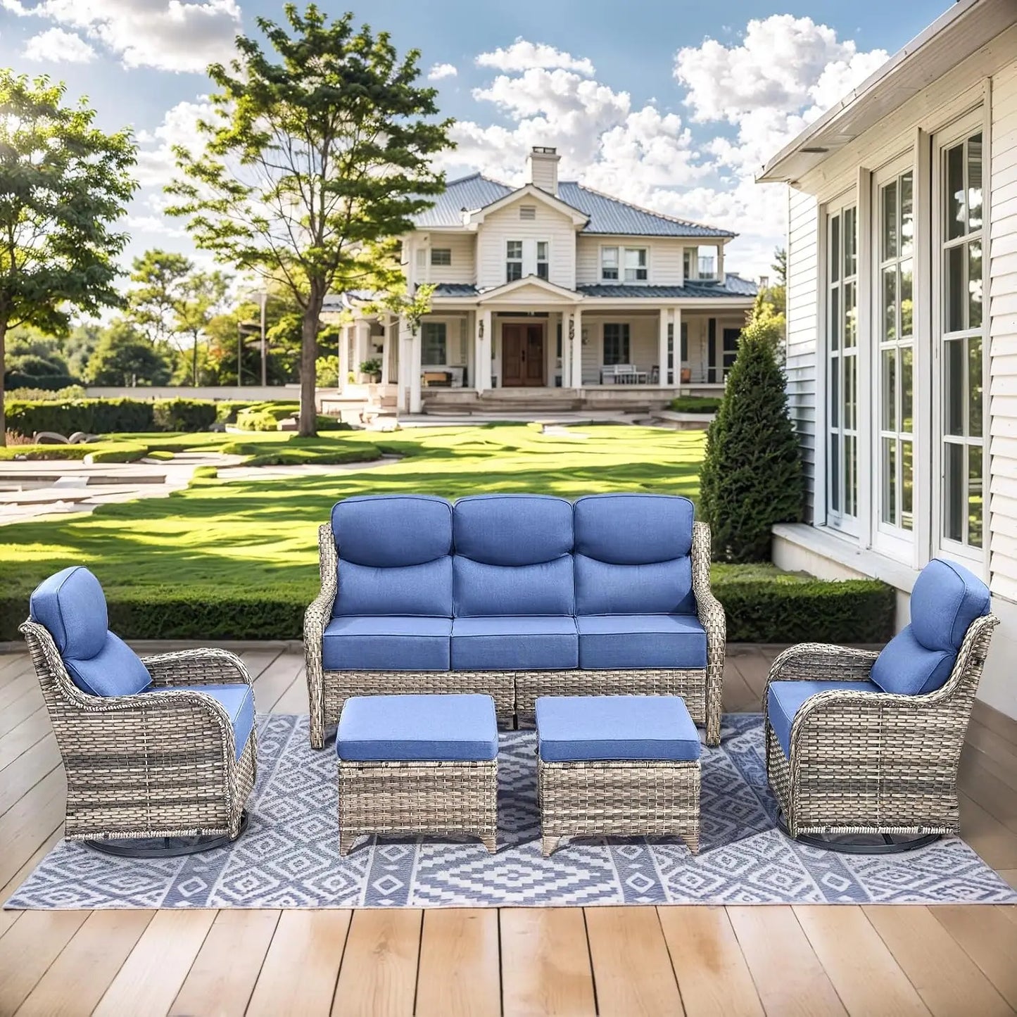 Wicker Outdoor Patio Furniture Set With Deep Seat Swivel Chairs