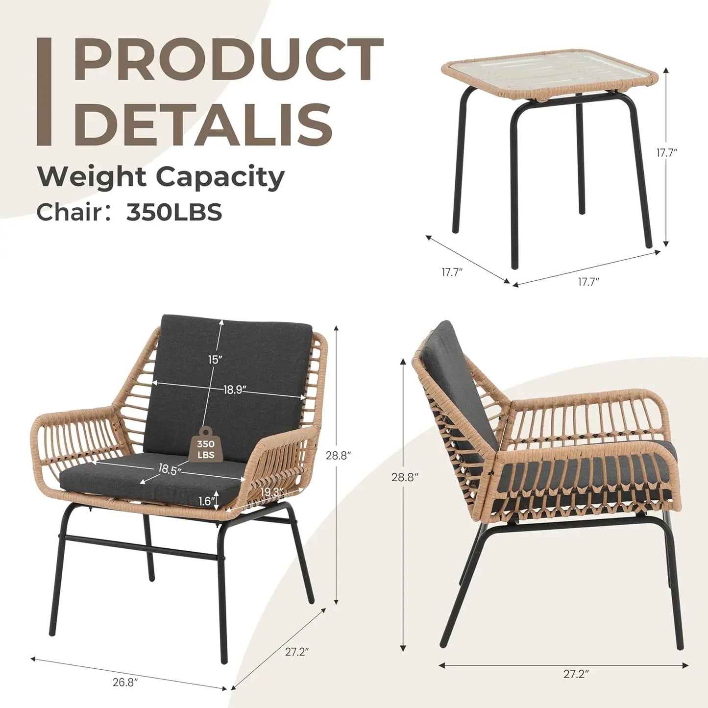 3 Piece Wicker Patio Set With Cushioned Chairs And Table
