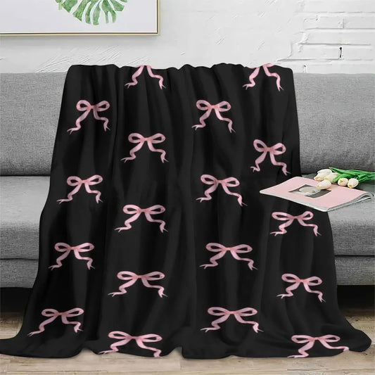 Cozy Bow Blanket Soft Flannel Throw for Sofa and Travel