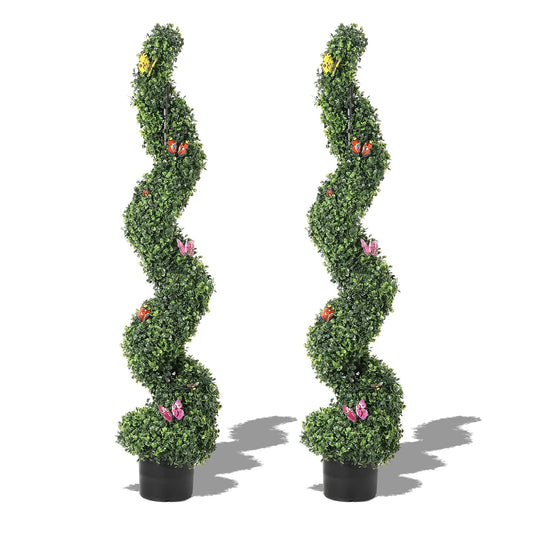 2pcs 4ft Artificial Spiral Topiary Trees Outdoor Faux Plants with Butterfly Front Door Faux Plant 2 for Porch Garden Home Decor