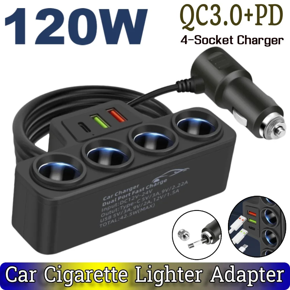 Shunmaii Car USB Charger Splitter 4-Port QC3.0 PD Fast Charge
