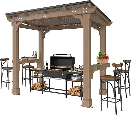 Wooden Grill Gazebo With Sloped Roof And Shelves
