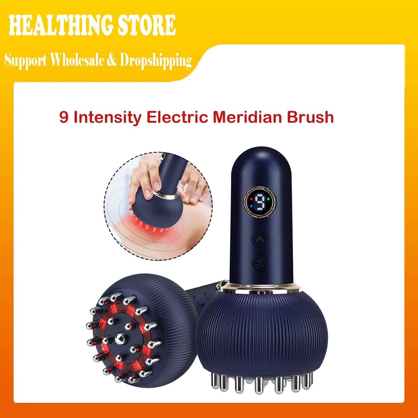 3-in-1 Meridian Brush Massager with Infrared Light Hot Compress 9-Level Vibration 21 Steel Brush Head Timer Home Office Travel