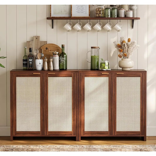 Rattan Storage Sideboard Buffet Cabinet With 4 Doors Farmhouse Console