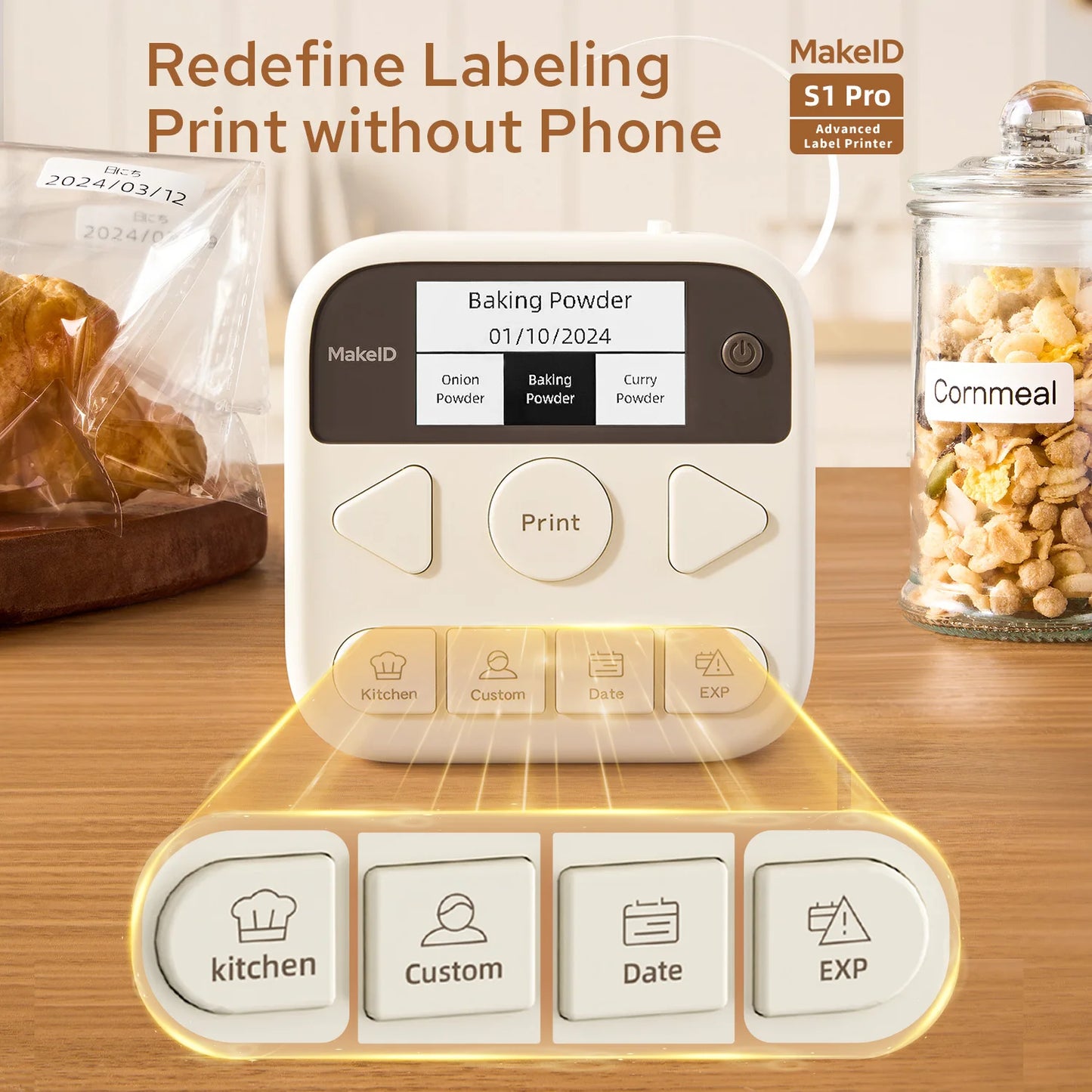 Makeid Label Maker Machine with Tape, S1 Pro Bluetooth LCD Display Labeler, One-Click Quick Print Inkless Magnetic Label Printer