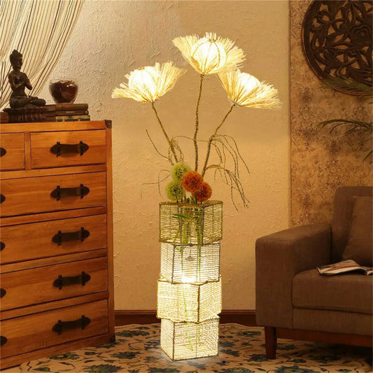 Rattan Floor Lamp Dimmable LED Standing Light For Living Room