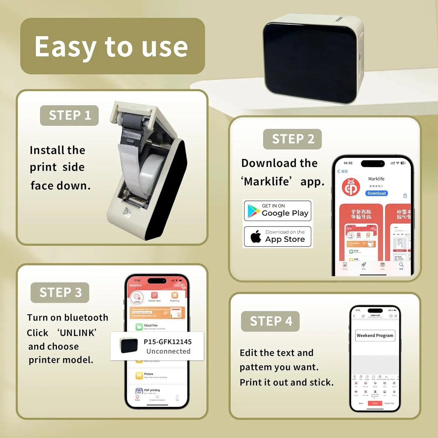 Marklife P15 Mini Portable Bluetooth Thermal Printer For Labels