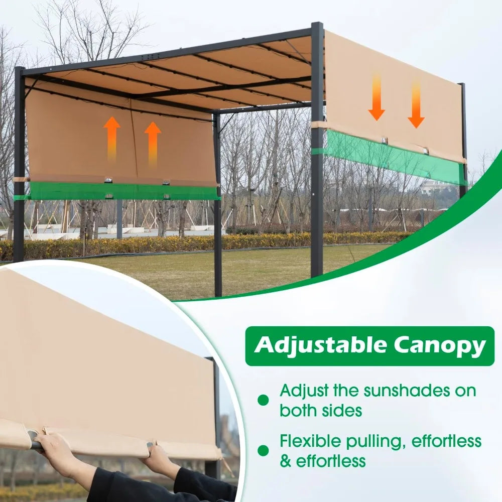 Heavy-Duty Aluminum Pergola With Retractable Shade And Solar LEDs