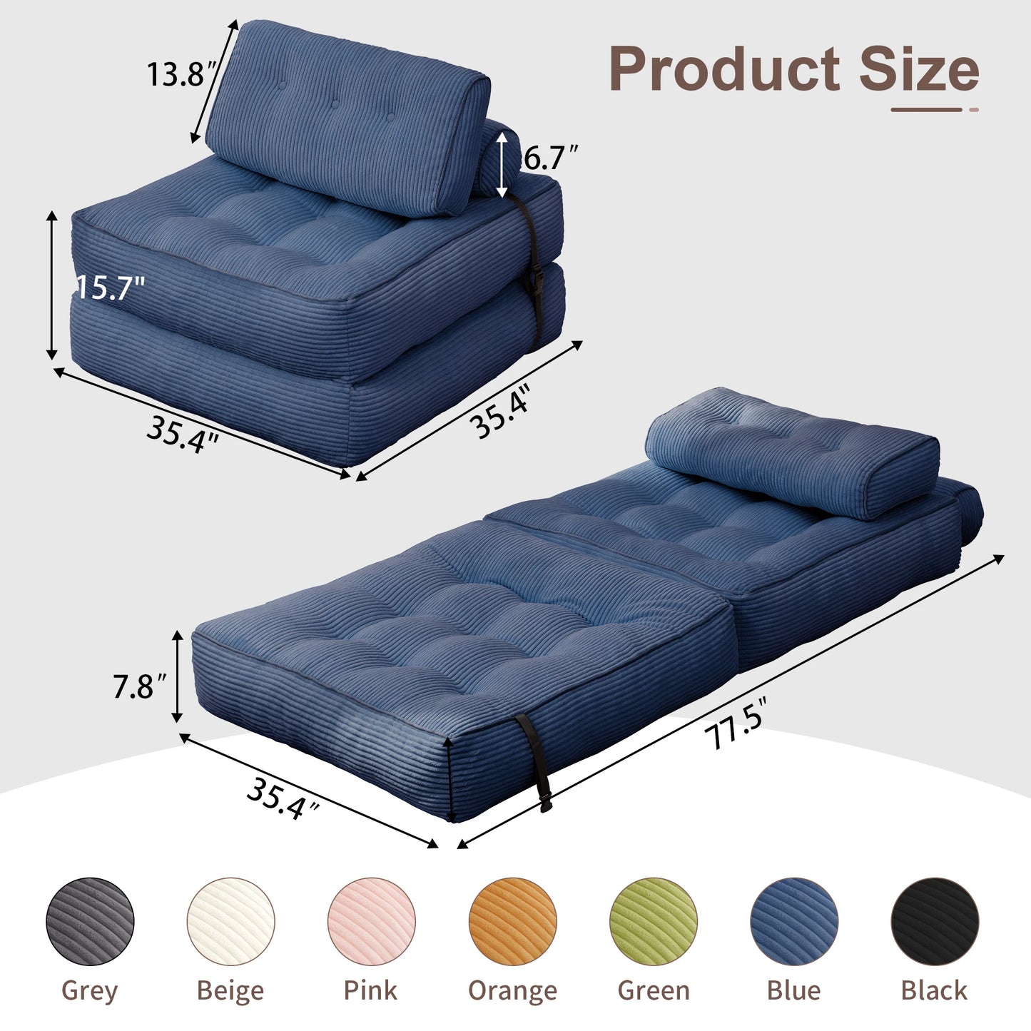 KORSER Convertible Floor Couch for Adult with Pillow Folding Sofa Bed  Comfort Floor Sofa Portable Sleeper Chair for Living Room