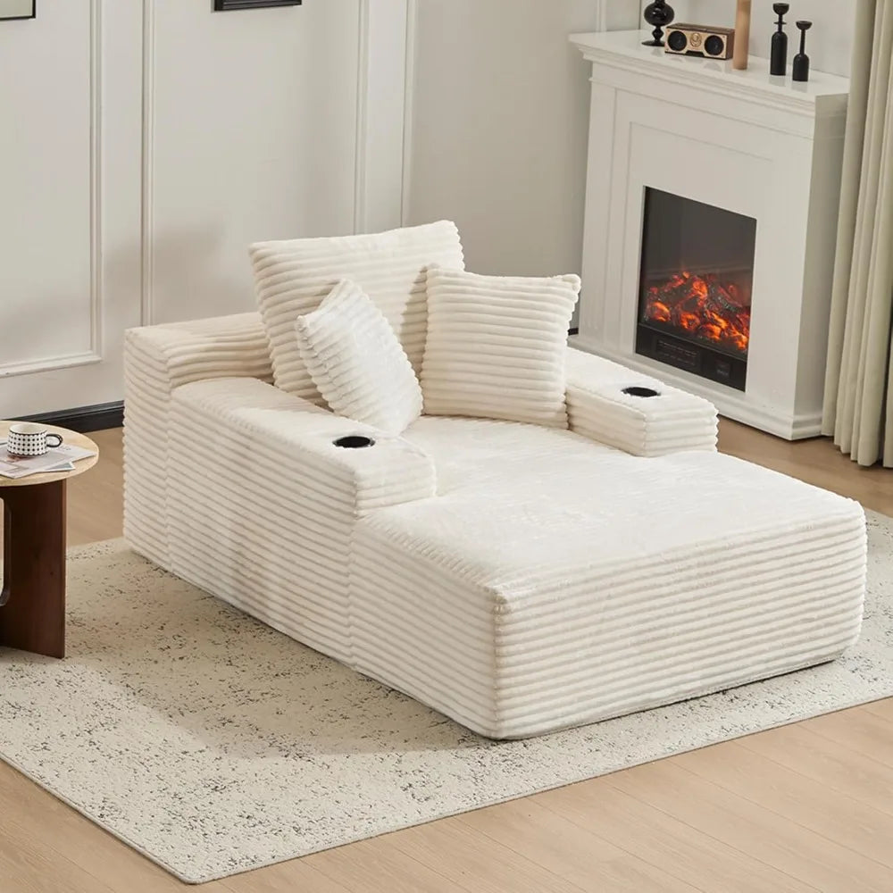 Oversized Chaise Lounge Sofa Chair Indoor, Modern Corduroy Single Sleeper Couch Chair with 3 Soft Pillows and Cup Holder
