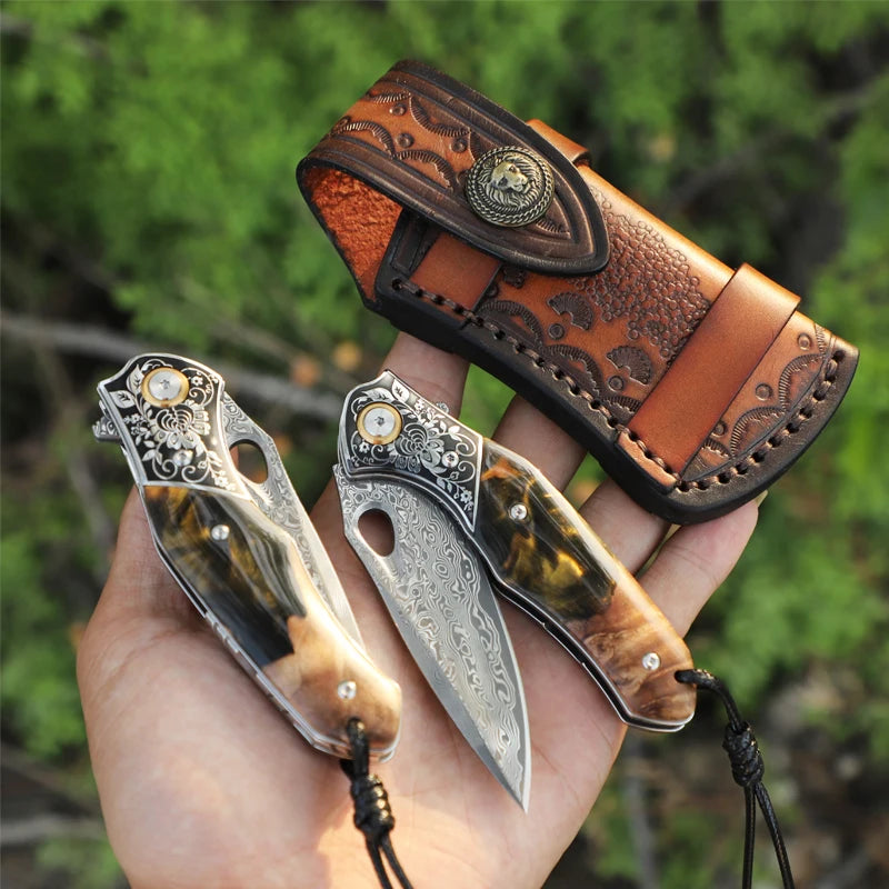 NONEDIY Damascus Steel Pocket Knife With Wood Handle