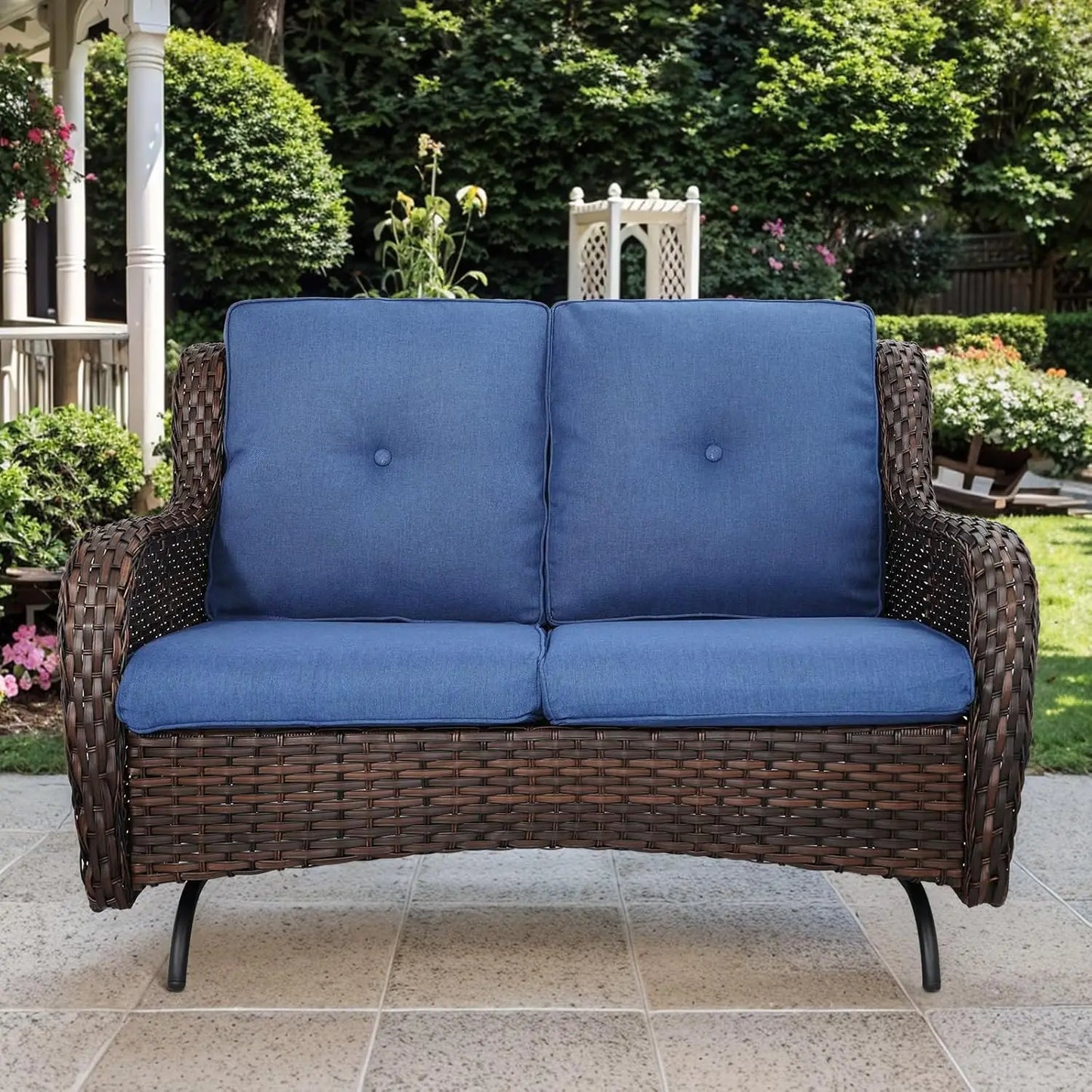 2 Seat Wicker Glider Loveseat Patio Garden Curved Armrests