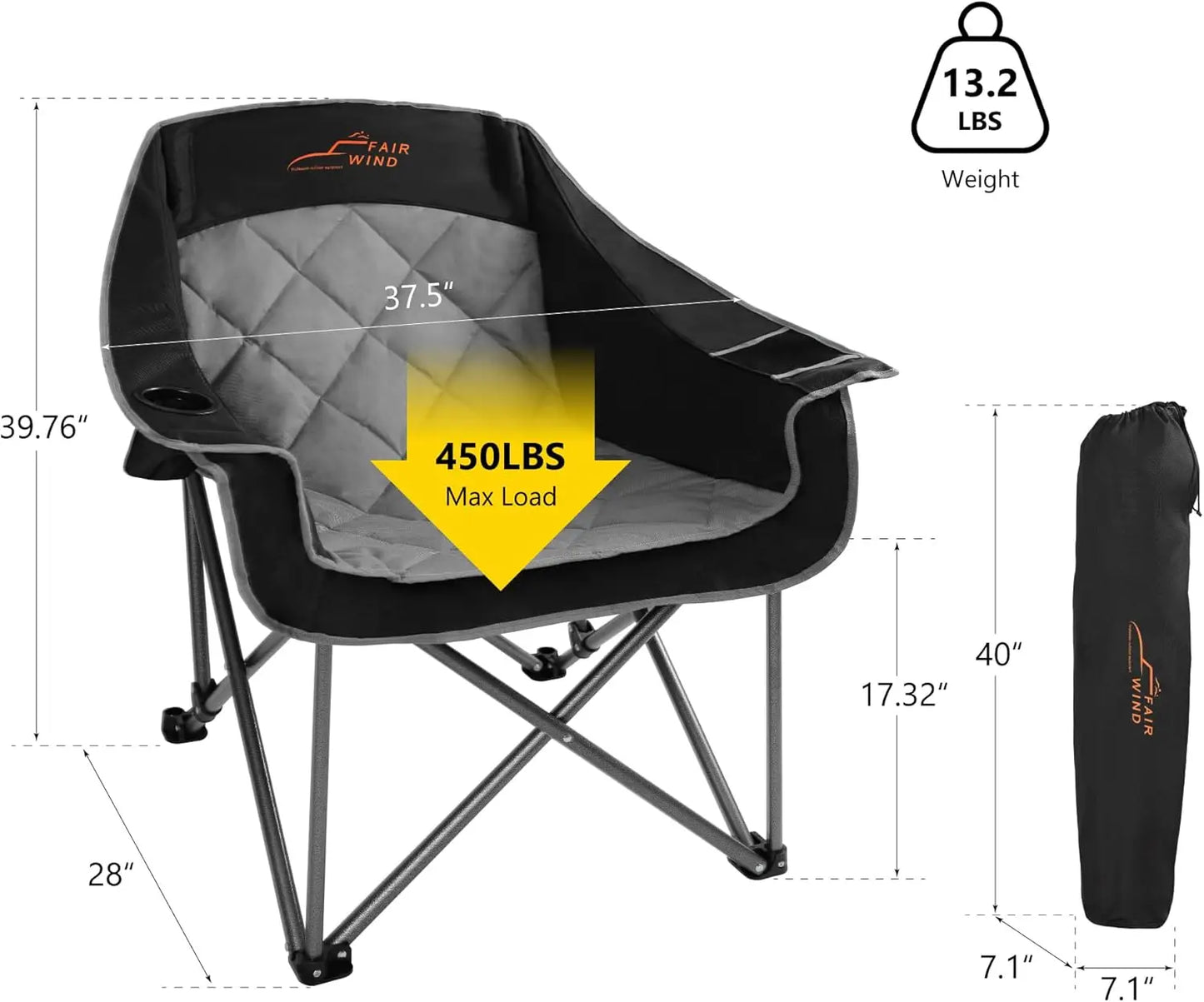 Oversized Padded Camping Chair Heavy Duty Quad Fold Portable Outdoor Support 450LBS Black