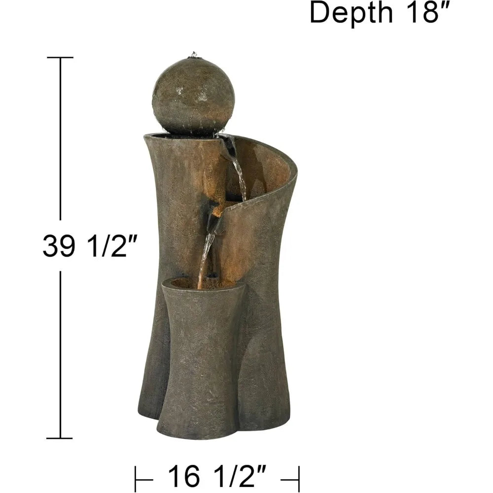 Modern Sphere Curve Zen Outdoor Floor Bubbler Water Fountain 39 1/2" High with LED Light Cascading for Garden Patio Yard Deck Ho
